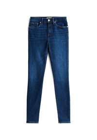 Smala jeans av mörkblå denim. Har knappstängning, framfickor och en ren fåll med minimalistiska sömdetaljer.