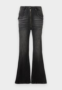 Jeans flare de lavagem preta com fecho frontal e detalhes desfiados ao longo dos bolsos da frente e da cintura.