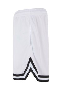 Shorts de sport blancs en mesh avec des bordures noires, un design chevron contrastant à l'ourlet et une taille élastique pour plus de confort.