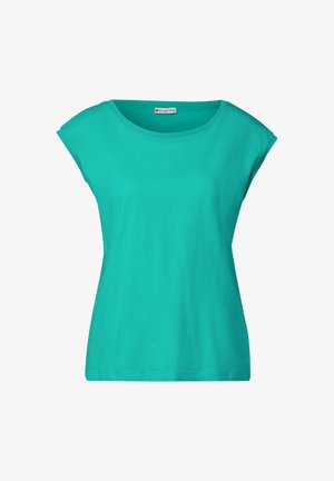 Turkusowa koszula z krótkim rękawem wykonana z miękkiego materiału. Posiada okrągły dekolt i luźny krój. Gładka tekstura bez wzorów lub akcentów.