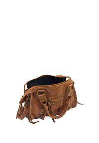 Sac à main en cuir marron avec une fermeture éclair, surface texturée, accents en laiton et poche zippée externe. Le dessus ouvert révèle un intérieur sombre.