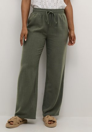 Olive green wide-leg pants with an elastic waistband and drawstring. Made of lightweight fabric, featuring a smooth texture. Paired with tan sandals.