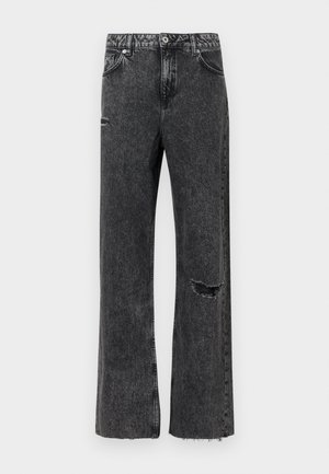 Vida jeans i svart tvättat denim, med slitdetalj på knät, fransad fåll och standardknappslå med fickor.