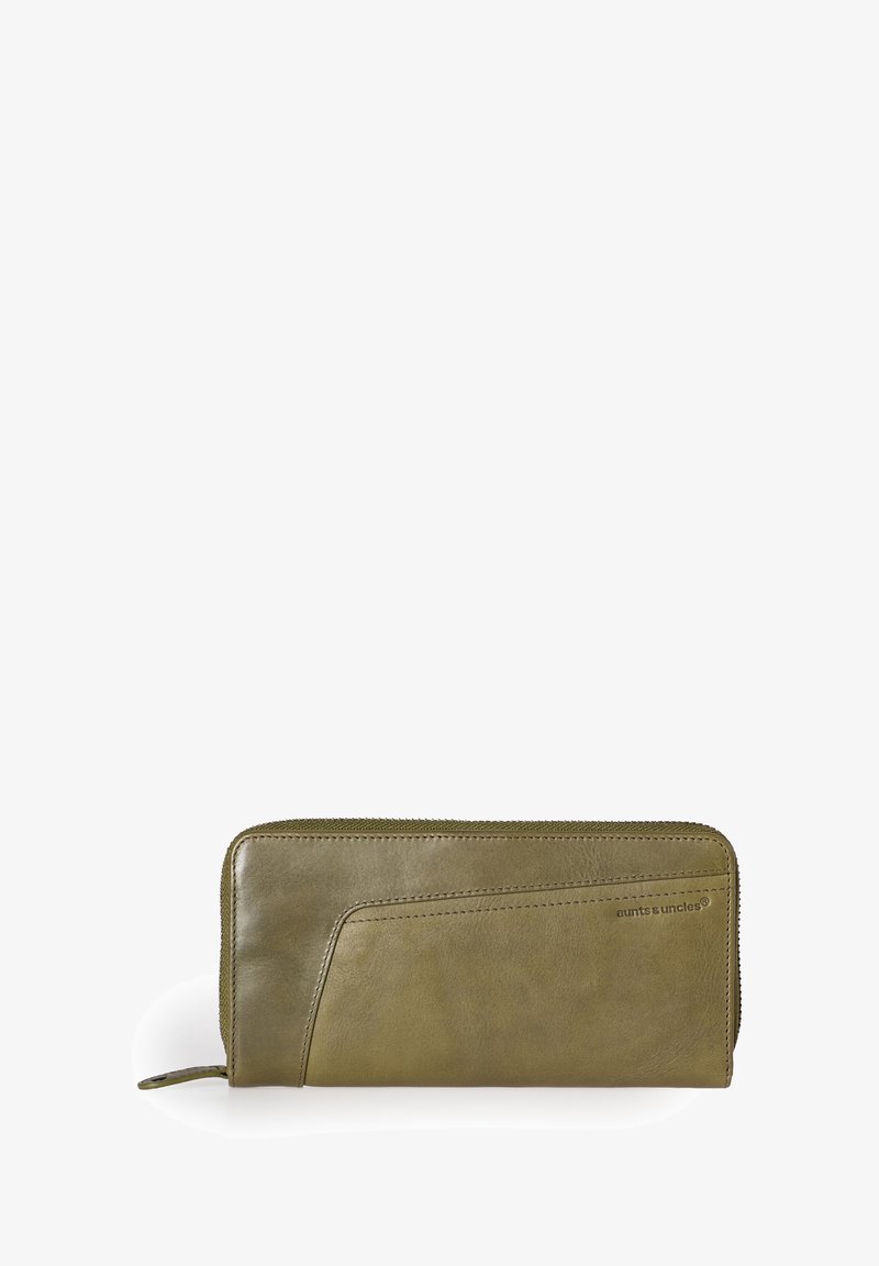 Green leather wallet with a smooth texture, zip closure, and a side pocket. Features subtle stitching and a logo embossed on the surface.