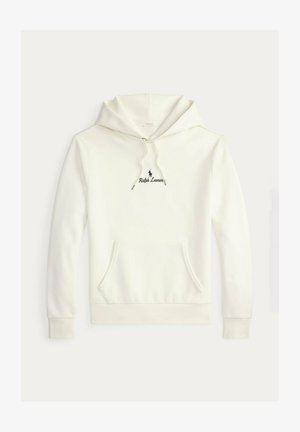 Felpa con cappuccio in cotone bianco con tasca a marsupio, cappuccio con coulisse e logo "Ralph Lauren" ricamato in nero sul davanti.