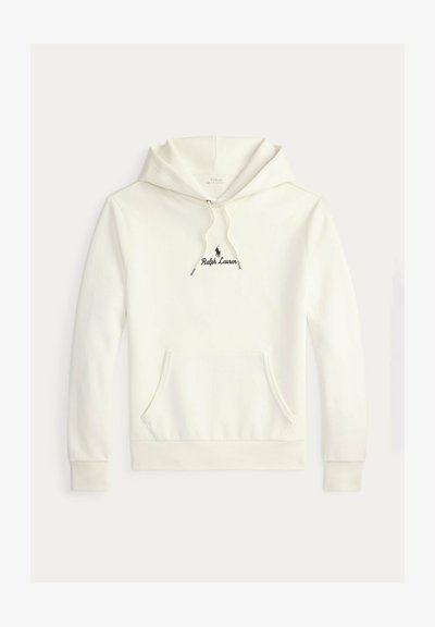 Felpa con cappuccio in cotone bianco con tasca a marsupio, cappuccio con coulisse e logo "Ralph Lauren" ricamato in nero sul davanti.
