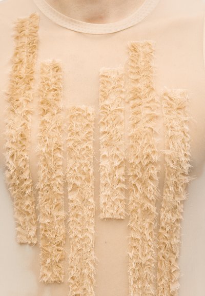 Μπεζ διαφανές τοπ από ύφασμα με κάθετες ρίγες απαλών, υφασμάτων φουντωτών λεπτομερειών σε ταιριαστή μπεζ απόχρωση στην περιοχή του στήθους.