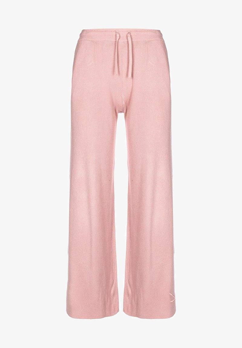 Pantalon large côtelé rose clair avec taille élastique et lien coulissant réglable.