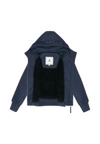Giacca blu navy con fodera in fleece nera rimovibile, chiusura con zip e cappuccio. Materiale esterno morbido con polsini a coste.
