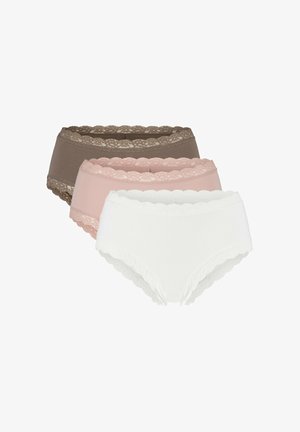 Mehrfachpack mit Damenunterhosen in Braun, Rosa und Weiß. Mit gewelltem Spitzenrand und klassischem Slip-Design. Weiches, elastisches Material.