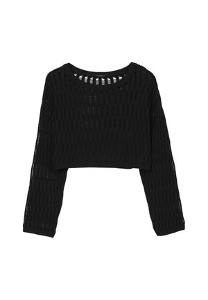 Schwarzer, kurz geschnittener Pullover mit langen Ärmeln, der ein strukturiertes, offen gestricktes Muster und einen runden Halsausschnitt aufweist. Leichtes und atmungsaktives Material.