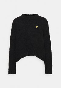 Maglione corto nero con maniche lunghe, tessuto testurizzato e scollatura rotonda. Presenta un piccolo logo di un uccellino giallo sul petto.