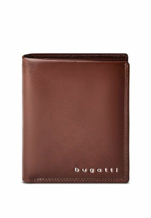 Brown leather bi-fold wallet with visible stitching and silver "bugatti" logo on the bottom right corner, closed on a white background.