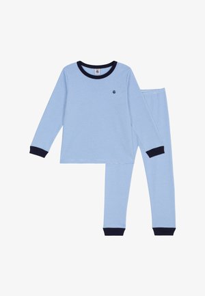 Set di pigiama a maniche lunghe a righe blu con polsini navy, caratterizzato da un piccolo logo sul petto e pantaloni abbinati. Realizzato in tessuto morbido.