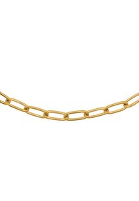 Catena in metallo color oro con anelli ovali allungati, caratterizzata da una superficie liscia e una lucentezza costante, senza ulteriori decorazioni.