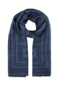Donkerblauwe sjaal van geweven stof met een subtiel bloemenpatroon, franjes aan de randen en een logo "JOOP!" onderaan.