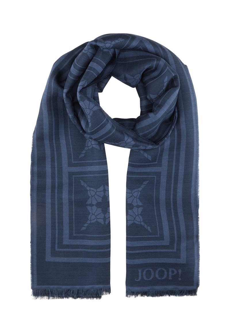 Donkerblauwe sjaal van geweven stof met een subtiel bloemenpatroon, franjes aan de randen en een logo "JOOP!" onderaan.