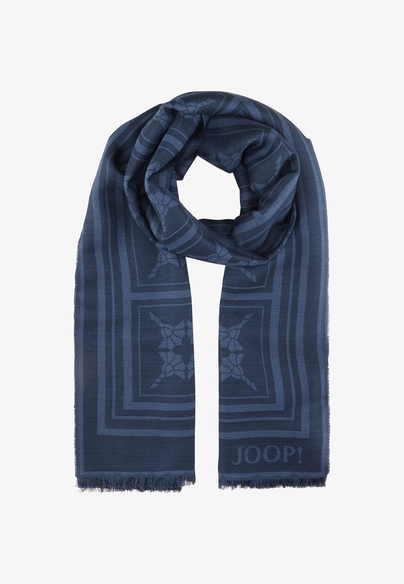 Dunkelblauer Schal aus gewebtem Stoff mit einem dezenten Blumenmuster, mit Fransen an den Rändern und einem Logo "JOOP!" am unteren Rand.