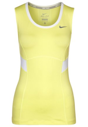 Żółty tenisowy top Nike bez rękawów z białymi panelami bocznymi, białą lamówką przy dekolcie i małym czarnym logo Nike na piersi.