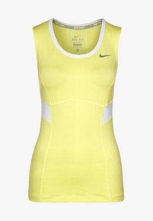 Gelbes ärmelloses Tennis-Top von Nike mit weißen Seitenteilen, weißem Halsabschluss und kleinem schwarzem Nike-Logo auf der Brust.