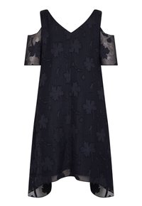 Svart klänning med kall axeldesign, texturerad blomstersbroderi, V-ringning och hög-låg nederkant, tillverkad av lättviktsmaterial.