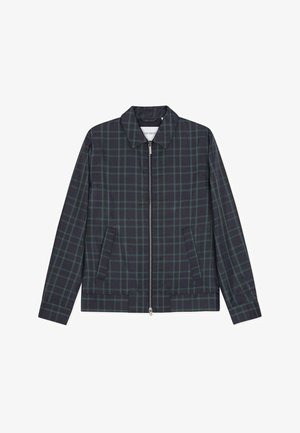 Μπλε ναυτικό καρό μπουφάν από ύφασμα, με φερμουάρ στο μπροστινό μέρος, δύο πλαϊνές τσέπες και κομψό γιακά με πράσινο και μαύρο καρό σχέδιο.