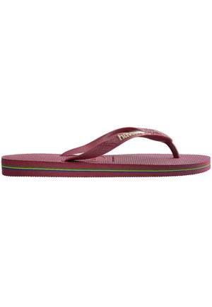 Havaianas flip-flop i mørkerødt gummi, struktureret fodseng, tynd rem med logo, multifarvede striber langs sålen.