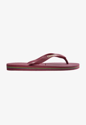 Chanclas Havaianas de goma en color burdeos, con una suela texturizada, tiras delgadas con el logo y rayas de acento multicolores a lo largo de la suela.