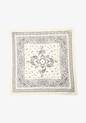 Weißes quadratisches Bandana mit dunklen Paisley- und Blumenmustern, die einen zentralen Kreis und dekorative Ränder bilden.