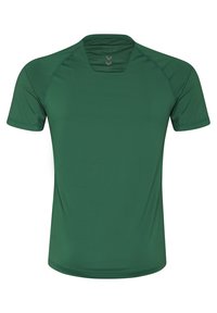 Korte mouw shirt in effen donkergroen stof, met een ronde halslijn en atletische pasvorm. Glad textuur met subtiele stikdetails.