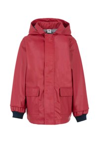 Rode waterdichte jas met een capuchon, met een rits aan de voorkant, twee voorzakken en navy ribgebreide manchetten. Glad textuur met een casual ontwerp.