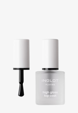 Flacon givré transparent de vernis à ongles Inglot Playinn haute brillance avec bouchon blanc et applicateur pinceau noir visible.