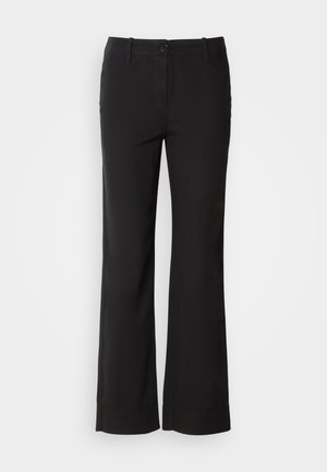 Pantalons en mélange de coton noirs avec une coupe droite, fermeture à bouton sur le devant et deux poches latérales. Texture lisse, sans motifs visibles.