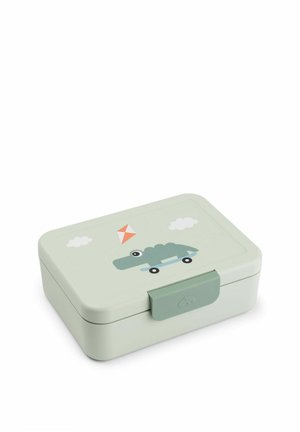 Rectangular light green lunchbox with a clasp, decorated with a cartoon crocodile on wheels, an orange kite, and two small clouds.