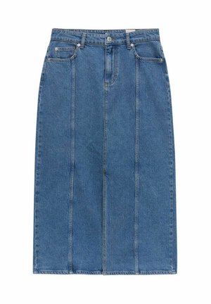 Denim midi kjol i medelblått, med rak skärning, två framfickor och vertikala sömdetaljer. Klassisk metallknapp stängning.