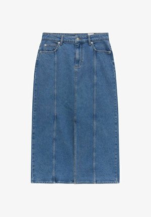 Denim midi kjol i medelblått, med rak skärning, två framfickor och vertikala sömdetaljer. Klassisk metallknapp stängning.