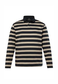 Długi rękaw polo w beżowo-granatowe paski, cechujący się kołnierzykiem z dwoma guzikami oraz miękką bawełnianą tkaniną.