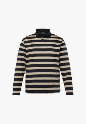 Polo a maniche lunghe in beige e righe blu scuro, presenta un colletto con pattina a due bottoni e un morbido tessuto di cotone.