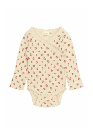 Kreemivärvi pikkestele mõeldud pikkade varrukatega bodysuit maasikaprindiga, mis sisaldab nööpe, kaarja äärega ja ümbritsevat kujundust.