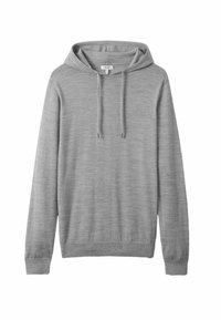 Grau Kapuzenpullover aus einem weichen, strukturierten Stoff. Mit einer vorderen Kängurutasche, einer verstellbaren Kapuze und gerippten Bündchen und Saum.