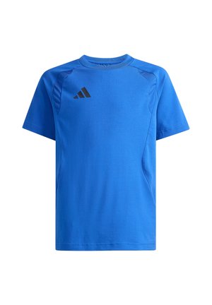 Maglietta sportiva blu a maniche corte con scollo rotondo e piccolo logo Adidas nero sul petto sinistro.