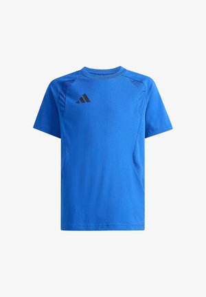 Blaues kurzärmliges Sport-T-Shirt mit Rundhalsausschnitt und kleinem schwarzem Adidas-Logo auf der linken Brust.
