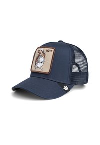 Navy baseball cap with mesh side panels and a front patch featuring an embroidered squirrel and the text "NUTS." Curved visor design.