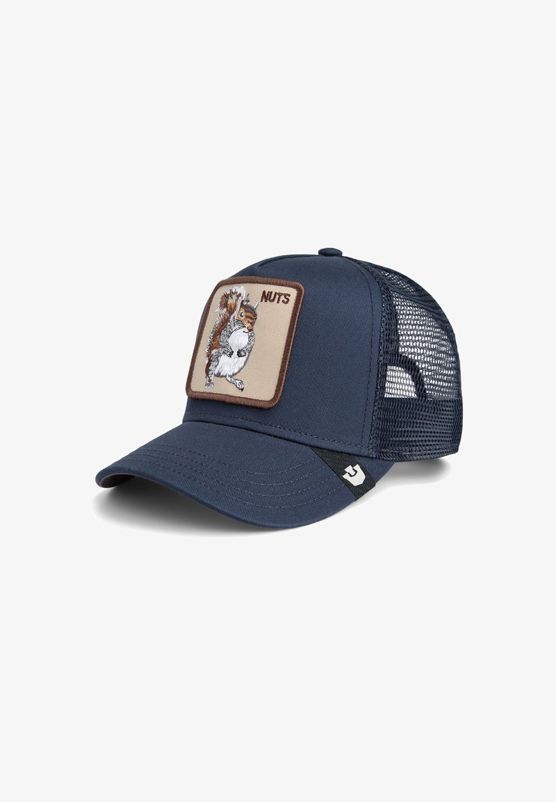 Navy baseball cap with mesh side panels and a front patch featuring an embroidered squirrel and the text "NUTS." Curved visor design.
