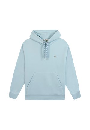 Felpa con cappuccio azzurro chiaro con tasca frontale, coulisse decorate e piccolo logo ad albero sul petto a sinistra, mostrata su sfondo bianco.