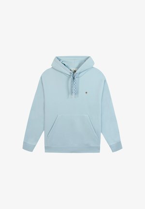 Felpa con cappuccio azzurro chiaro con tasca frontale, coulisse decorate e piccolo logo ad albero sul petto a sinistra, mostrata su sfondo bianco.