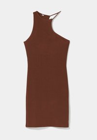 Vestito bodycon marrone senza maniche con collo alto e taglio asimmetrico che presenta una sottile spallina su un lato.