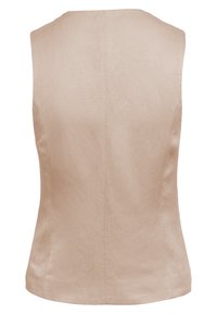 Beige ärmelloses Top aus Leinen mit einem schlichten Design, in gerader Schnittführung und rückseitiger Nahtdetailierung. Glatte Textur, keine sichtbare Hardware.