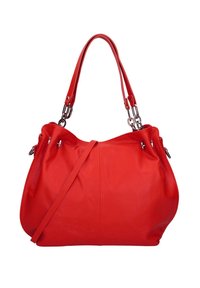 Borsa a mano in pelle rossa dal design morbido, dotata di un singolo manico superiore, dettagli a catena e scomparti con chiusura a zip.