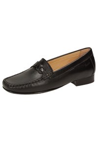 Schwarze Lederloafers mit runder Zehenform, dekorativen Nähten und einem kleinen Logo an der Seite. Sie verfügen über einen niedrigen Blockabsatz und ein weiches Innenfutter.